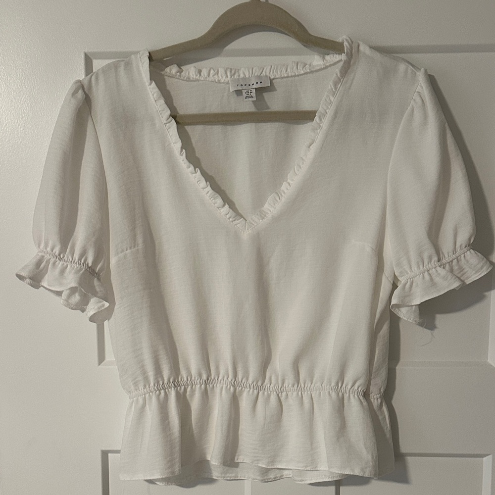 Topshop White Ruffle V-Neck Blouse